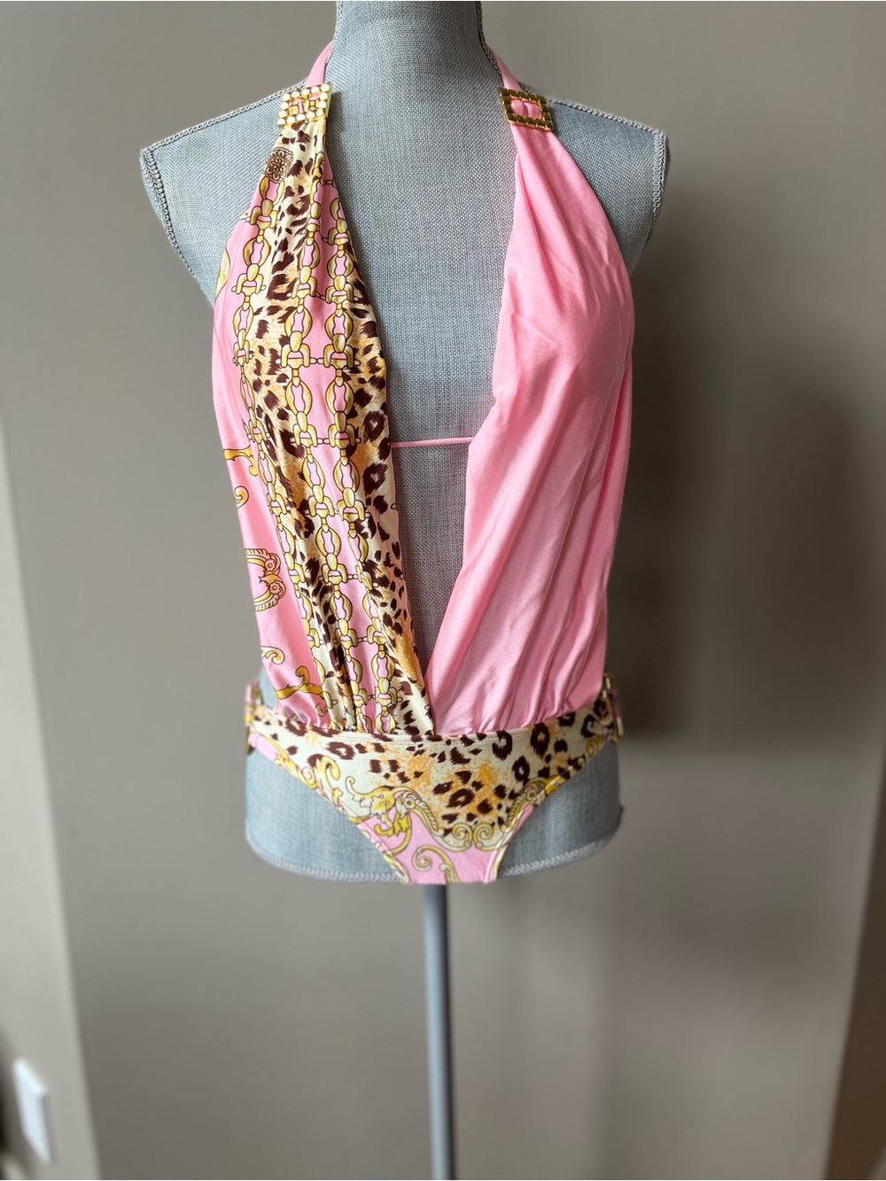 Plunge Halter Pink Leopard & Chain One-Piece Swimsuit